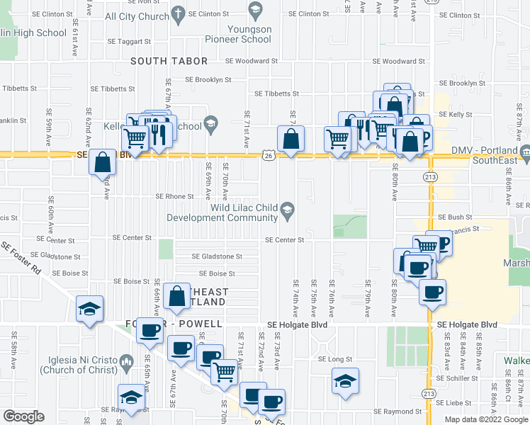 map of restaurants, bars, coffee shops, grocery stores, and more near 3732 Southeast 72nd Avenue in Portland