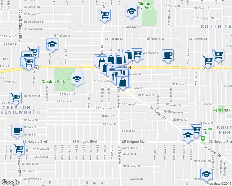 map of restaurants, bars, coffee shops, grocery stores, and more near 3822 Southeast 51st Avenue in Portland