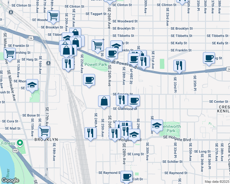 map of restaurants, bars, coffee shops, grocery stores, and more near 3834 Southeast 27th Avenue in Portland