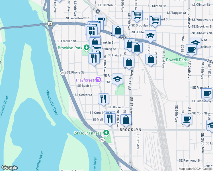 map of restaurants, bars, coffee shops, grocery stores, and more near 3828 Southeast 13th Avenue in Portland