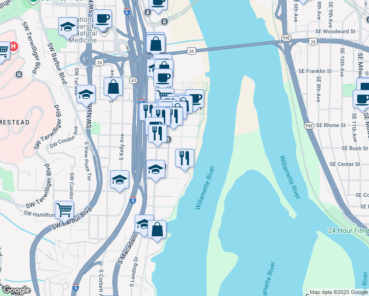 map of restaurants, bars, coffee shops, grocery stores, and more near 3510 South Bond Avenue in Portland