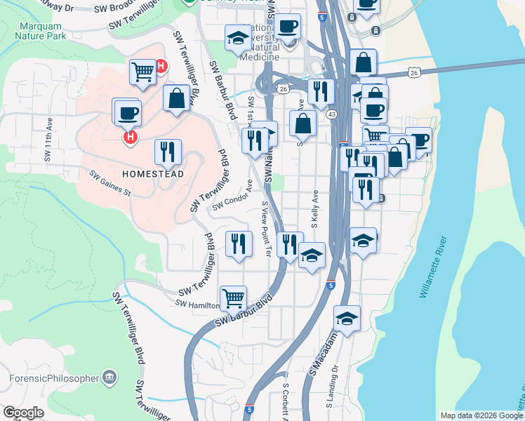 map of restaurants, bars, coffee shops, grocery stores, and more near 2504 Southwest View Point Terrace in Portland