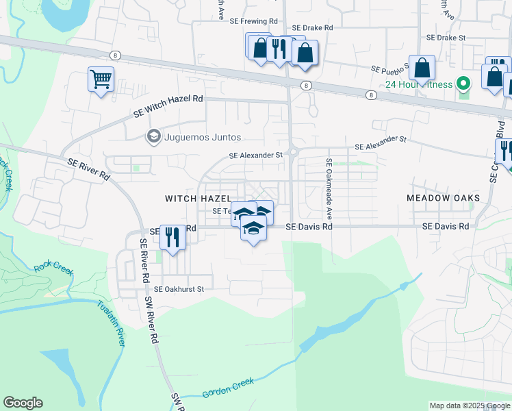 map of restaurants, bars, coffee shops, grocery stores, and more near 3472 Southeast Northwood Way in Hillsboro