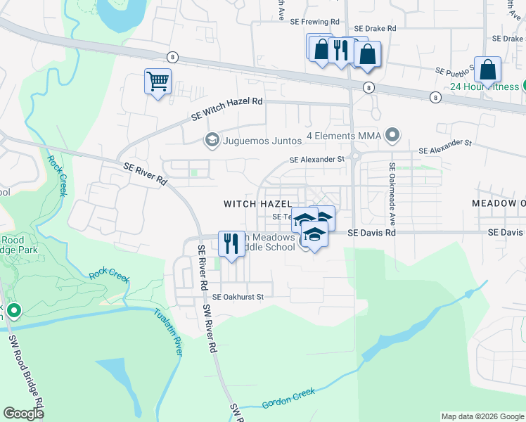 map of restaurants, bars, coffee shops, grocery stores, and more near 4573 Southeast Teakwood Street in Hillsboro
