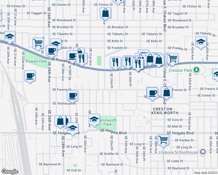 map of restaurants, bars, coffee shops, grocery stores, and more near 3327 Southeast Francis Street in Portland