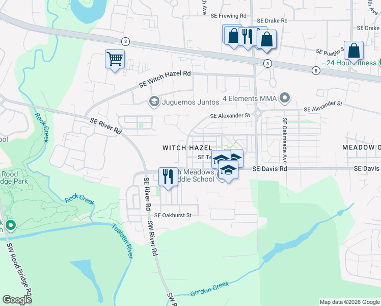 map of restaurants, bars, coffee shops, grocery stores, and more near 4573 Southeast Teakwood Street in Hillsboro