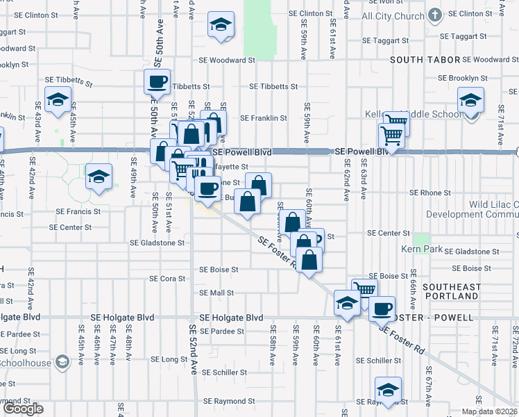 map of restaurants, bars, coffee shops, grocery stores, and more near 5617 Southeast Francis Street in Portland