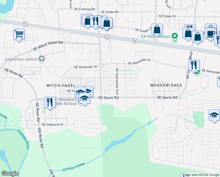 map of restaurants, bars, coffee shops, grocery stores, and more near 3437 Southeast Everwood Lane in Hillsboro