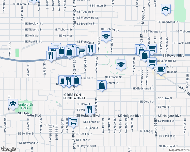 map of restaurants, bars, coffee shops, grocery stores, and more near 3845 Southeast 42nd Avenue in Portland