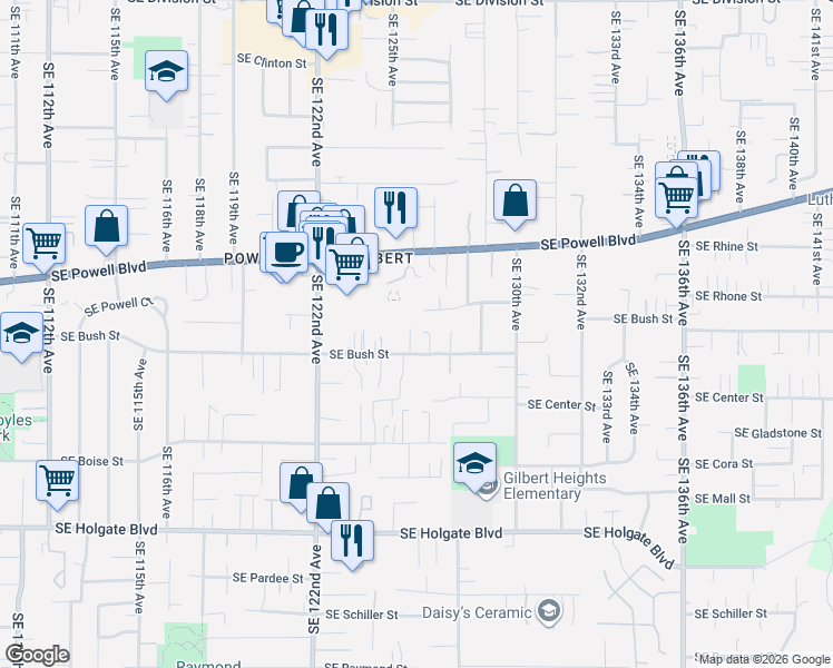 map of restaurants, bars, coffee shops, grocery stores, and more near 12567 Southeast Bush Street in Portland