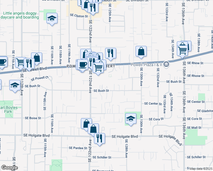 map of restaurants, bars, coffee shops, grocery stores, and more near 12427 Southeast Bush Street in Portland