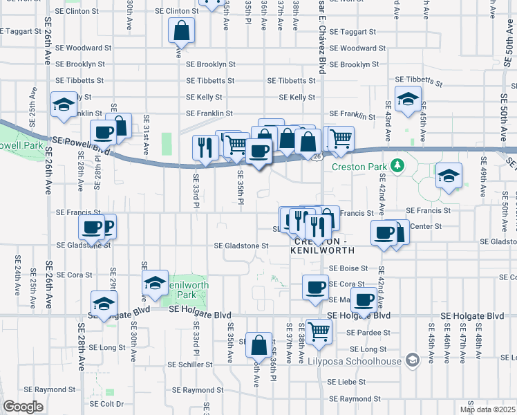 map of restaurants, bars, coffee shops, grocery stores, and more near 3601 Southeast Francis Street in Portland