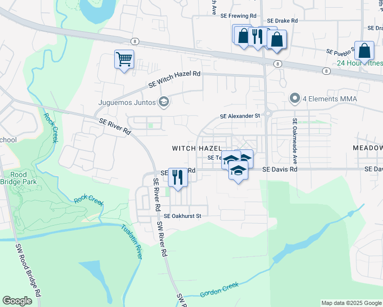 map of restaurants, bars, coffee shops, grocery stores, and more near 3454 Southeast Pinewood Avenue in Hillsboro