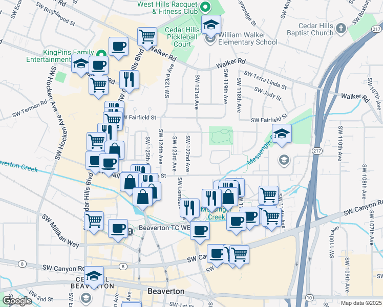 map of restaurants, bars, coffee shops, grocery stores, and more near 3440 Southwest 122nd Avenue in Beaverton
