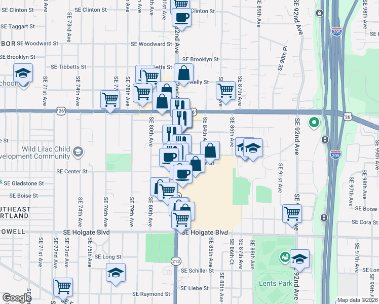 map of restaurants, bars, coffee shops, grocery stores, and more near 8339 Southeast Bush Street in Portland