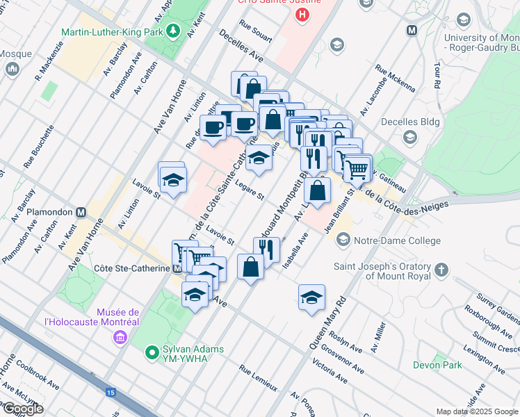 map of restaurants, bars, coffee shops, grocery stores, and more near 3955 Avenue Saint Kevin in Montreal