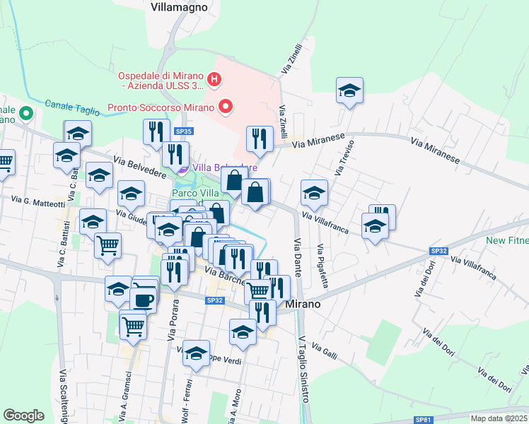 map of restaurants, bars, coffee shops, grocery stores, and more near 31 Via Cristoforo Colombo in Mirano