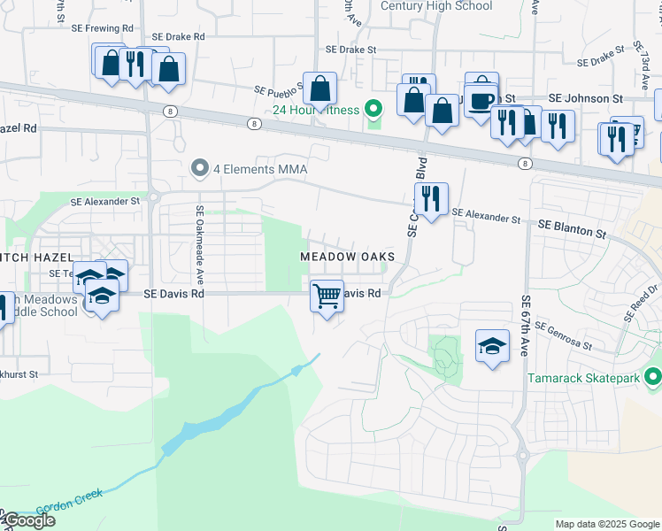 map of restaurants, bars, coffee shops, grocery stores, and more near 3482 Southeast Silver Fox Avenue in Hillsboro