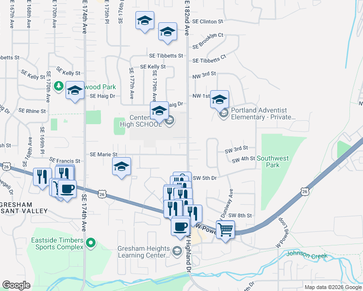 map of restaurants, bars, coffee shops, grocery stores, and more near 18124 Southeast Bush Terrace in Portland