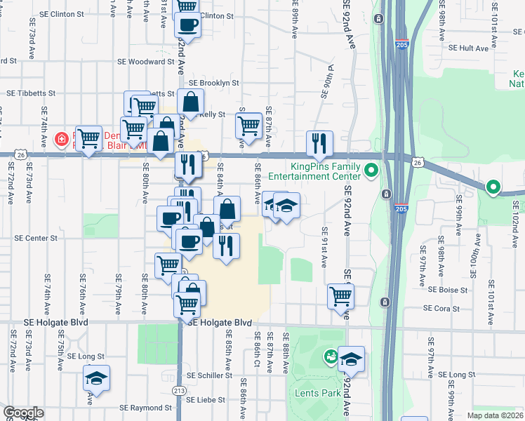 map of restaurants, bars, coffee shops, grocery stores, and more near 3712 Southeast 86th Avenue in Portland