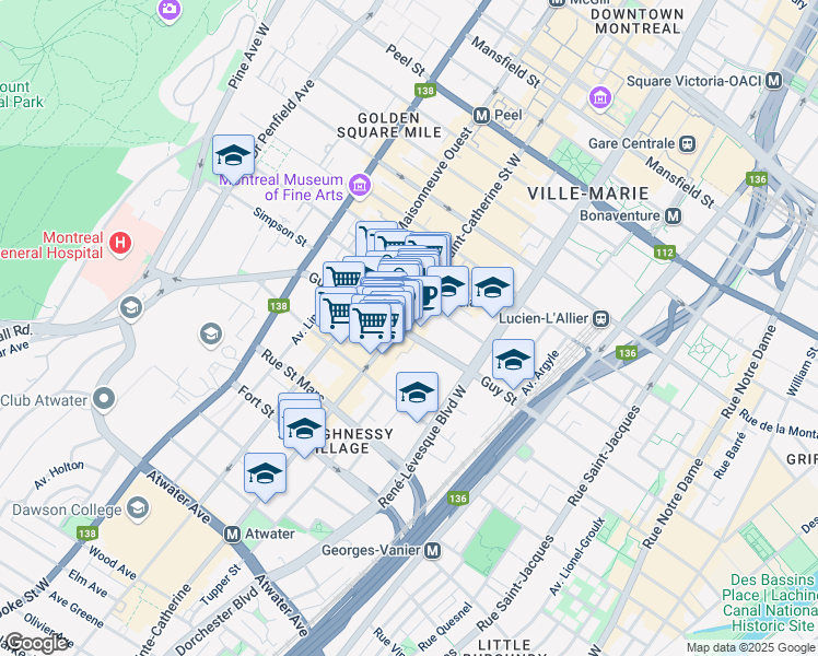 map of restaurants, bars, coffee shops, grocery stores, and more near 1259 Rue Guy in Montréal