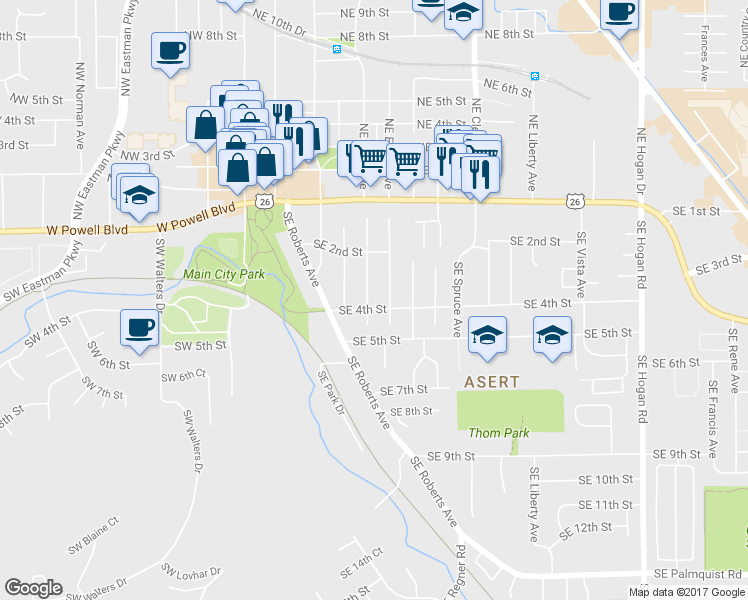 map of restaurants, bars, coffee shops, grocery stores, and more near 350 Southeast Kelly Avenue in Gresham