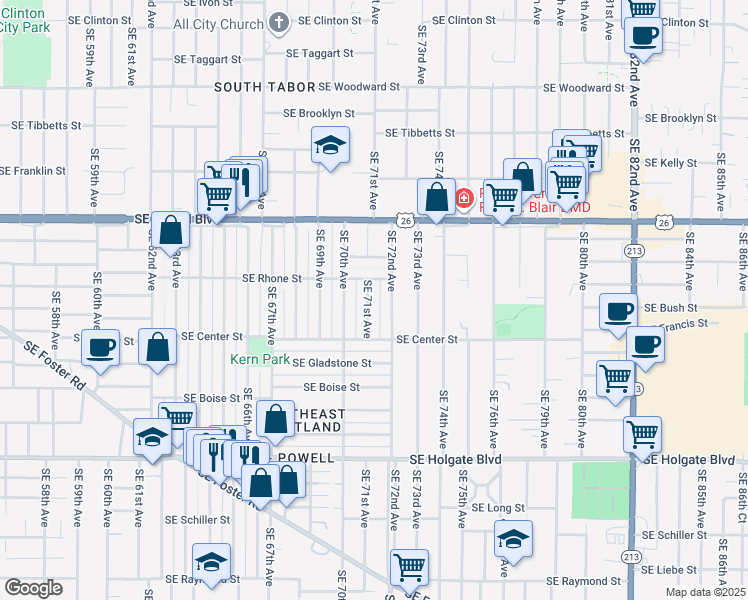 map of restaurants, bars, coffee shops, grocery stores, and more near 3732 Southeast 71st Avenue in Portland