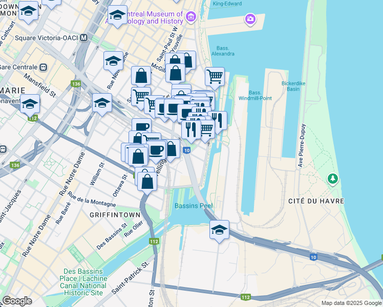 map of restaurants, bars, coffee shops, grocery stores, and more near 35 Rue Nazareth in Montreal