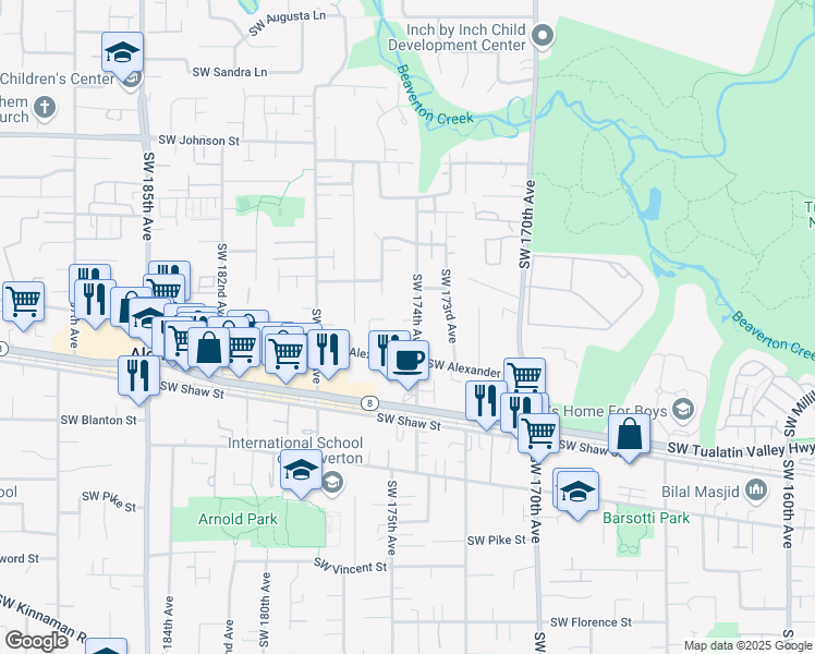 map of restaurants, bars, coffee shops, grocery stores, and more near 17440 Southwest Cricket Court in Beaverton
