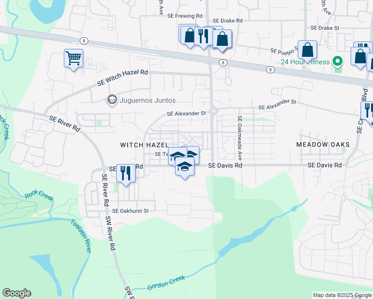map of restaurants, bars, coffee shops, grocery stores, and more near 3472 Southeast Northwood Way in Hillsboro