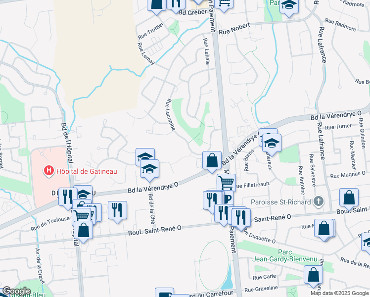 map of restaurants, bars, coffee shops, grocery stores, and more near 224 Rue Lacombe in Gatineau