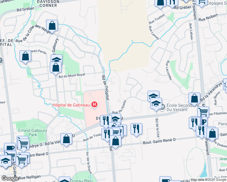 map of restaurants, bars, coffee shops, grocery stores, and more near 564 Boulevard de l'Hôpital in Gatineau