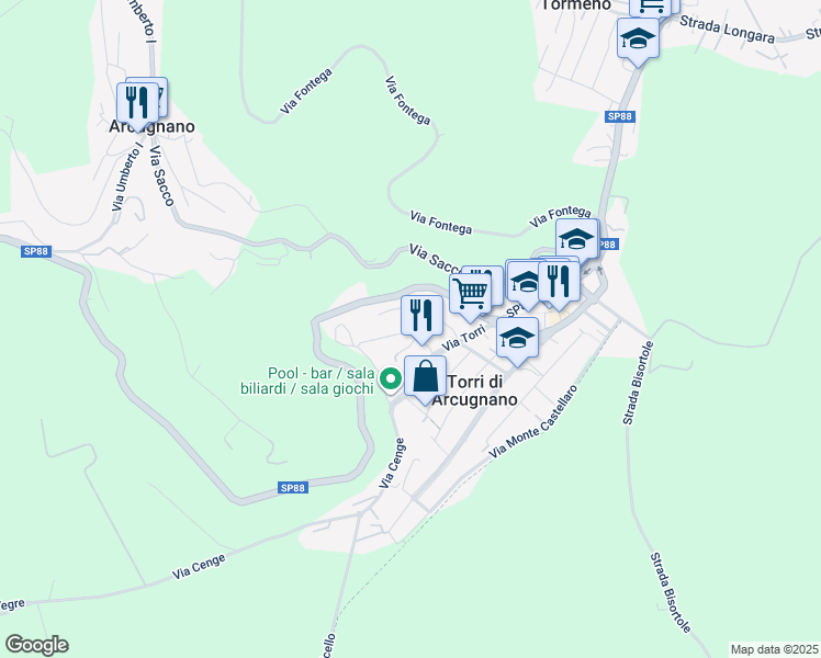 map of restaurants, bars, coffee shops, grocery stores, and more near 24 Via dell'Artigianato in Torri di Arcugnano