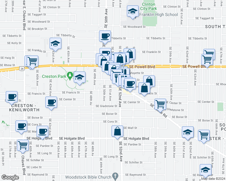 map of restaurants, bars, coffee shops, grocery stores, and more near 3822 Southeast 51st Avenue in Portland