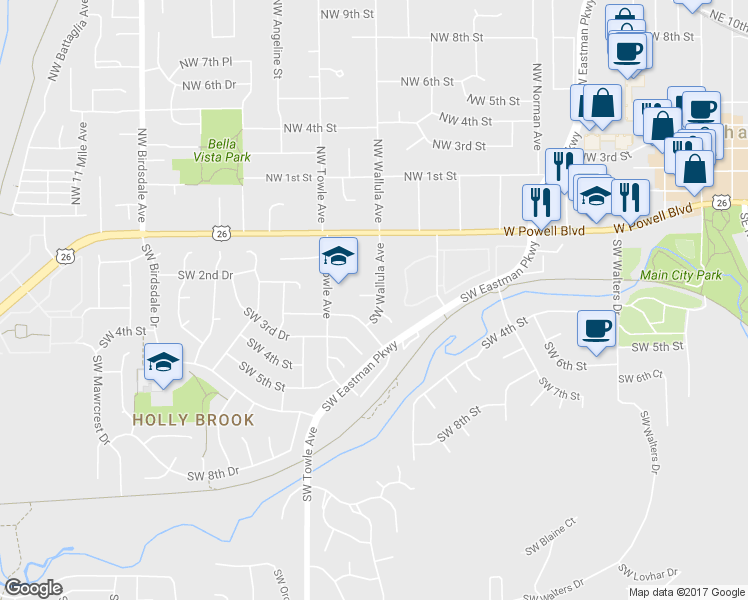 map of restaurants, bars, coffee shops, grocery stores, and more near 269 Southwest Wallula Avenue in Gresham