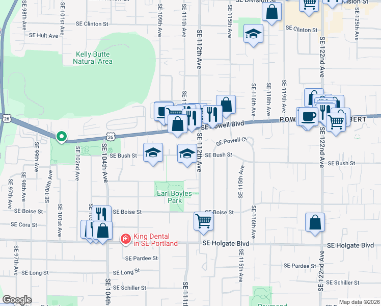map of restaurants, bars, coffee shops, grocery stores, and more near 11133 Southeast Bush Street in Portland