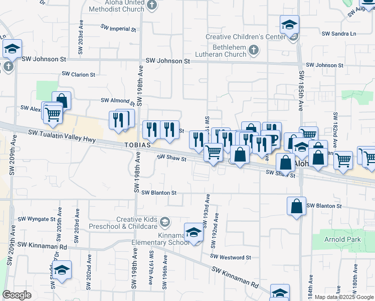 map of restaurants, bars, coffee shops, grocery stores, and more near 19375-19491 Highway 8 in Aloha