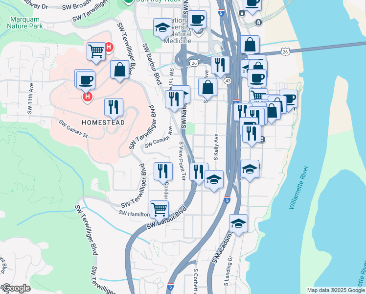 map of restaurants, bars, coffee shops, grocery stores, and more near 2504 Southwest View Point Terrace in Portland