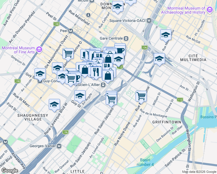 map of restaurants, bars, coffee shops, grocery stores, and more near 1288 Rue Saint-Antoine Ouest in Montréal