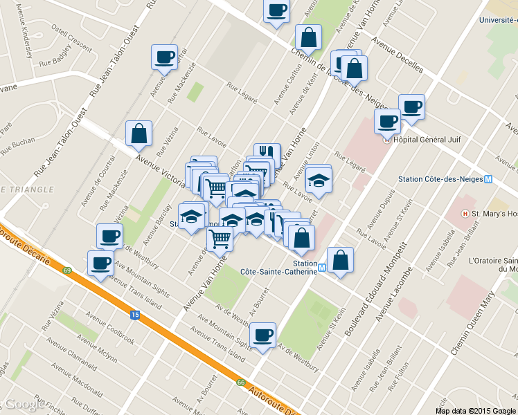 map of restaurants, bars, coffee shops, grocery stores, and more near 4694 Avenue Van Horne in Montréal