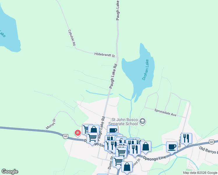 map of restaurants, bars, coffee shops, grocery stores, and more near 135 Paugh Lake Road in Barry's Bay