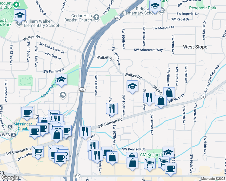 map of restaurants, bars, coffee shops, grocery stores, and more near 3450 Southwest 108th Avenue in Beaverton