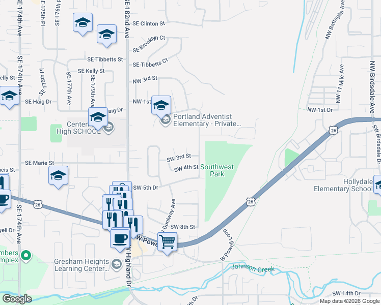 map of restaurants, bars, coffee shops, grocery stores, and more near 3765 Southwest 3rd Street in Gresham