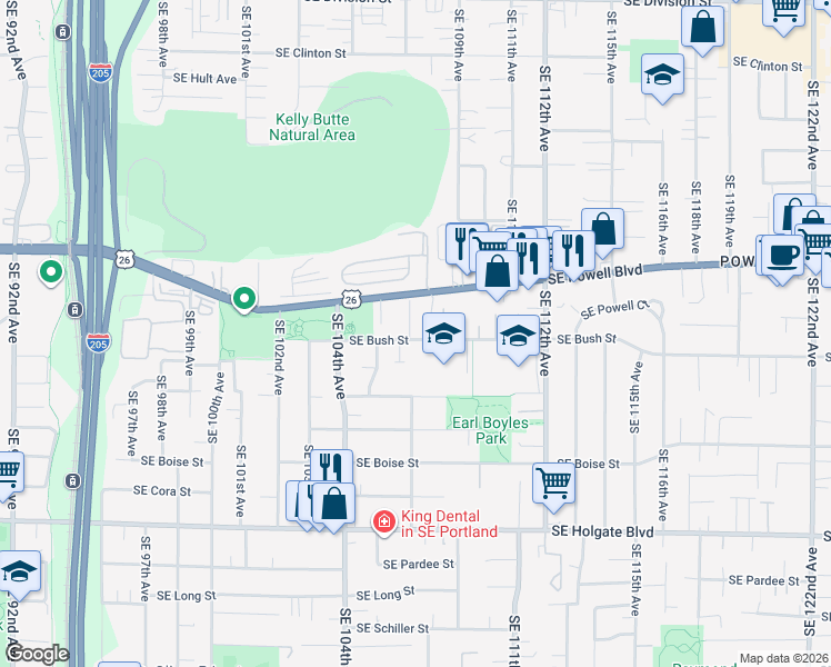 map of restaurants, bars, coffee shops, grocery stores, and more near 3610 Southeast 107th Avenue in Portland