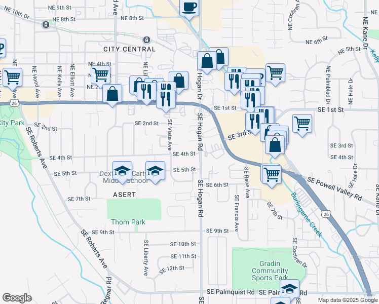 map of restaurants, bars, coffee shops, grocery stores, and more near 1637 Southeast 4th Street in Gresham