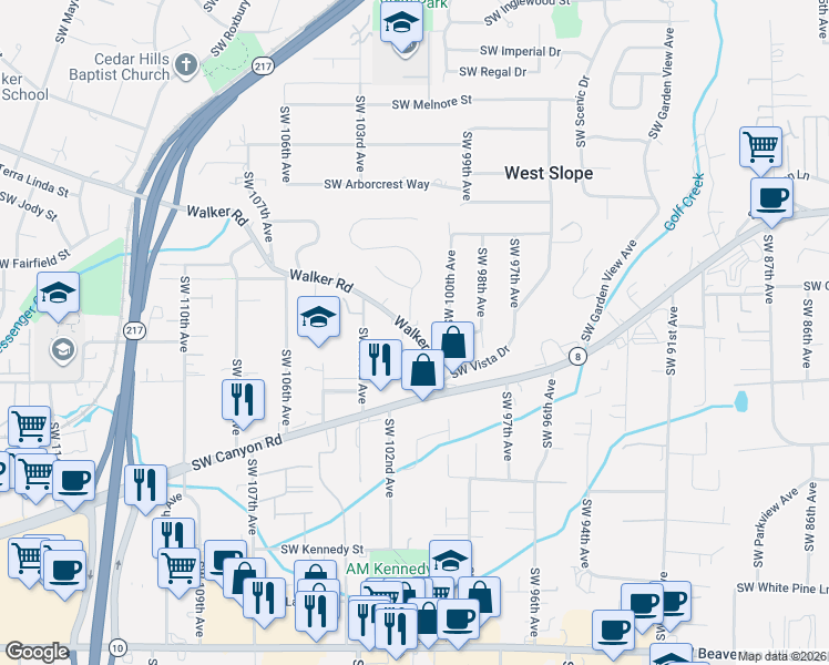 map of restaurants, bars, coffee shops, grocery stores, and more near 10097 Southwest Walker Road in Beaverton