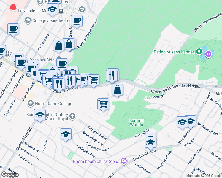 map of restaurants, bars, coffee shops, grocery stores, and more near 4760 Chemin de la Côte-des-Neiges in Montréal
