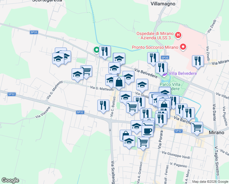 map of restaurants, bars, coffee shops, grocery stores, and more near 93 Via C. Battisti in Mirano