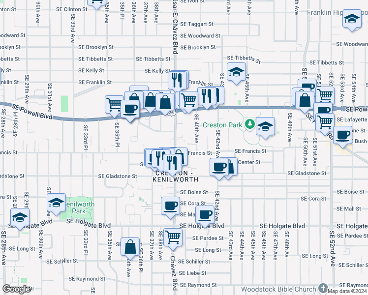 map of restaurants, bars, coffee shops, grocery stores, and more near 3933 Southeast Francis Street in Portland