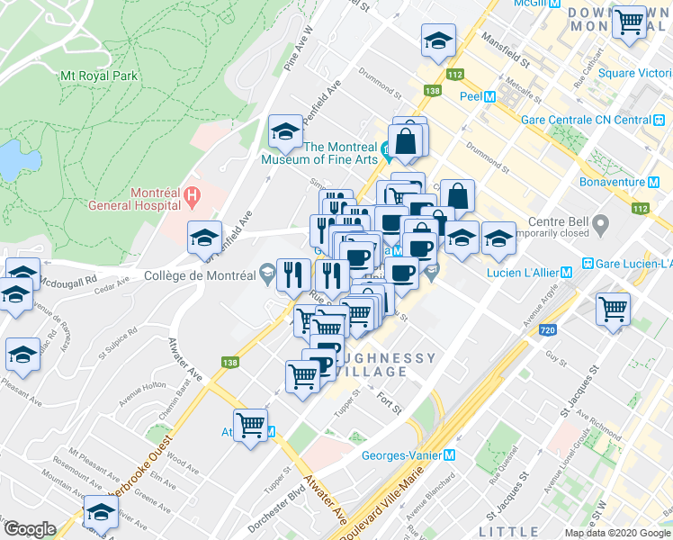 map of restaurants, bars, coffee shops, grocery stores, and more near 2300 Rue Saint Mathieu in Montréal